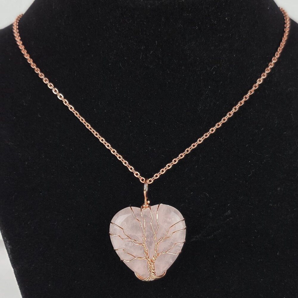 Rose Quartz Heart Shaped Pendant Copper Wire Wrapped Necklace Depicting a Tree